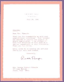 Letter of appreciation to Deanna by President Ronald Reagan